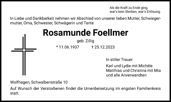 Traueranzeige von Rosamunde Foellmer von HNA