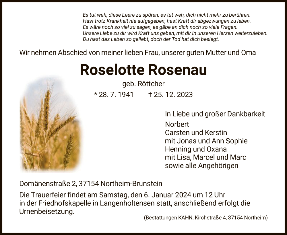  Traueranzeige für Roselotte Rosenau vom 30.12.2023 aus HNA