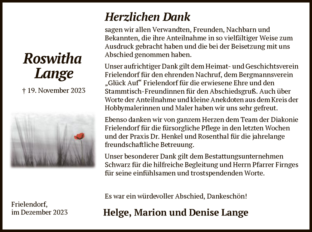  Traueranzeige für Roswitha Lange vom 16.12.2023 aus HNA