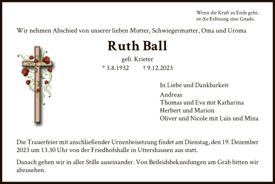 Traueranzeige von Ruth Ball von HNA