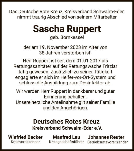 Traueranzeige von Sascha Ruppert von HNA