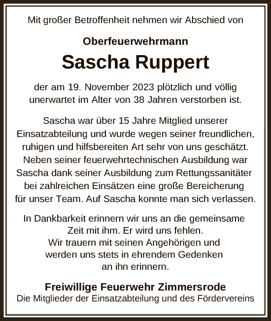 Traueranzeige von Sascha Ruppert von HNA