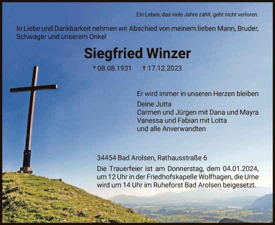 Traueranzeige von Siegfried Winzer von HNA