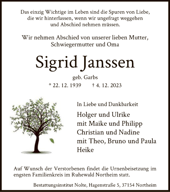 Traueranzeige von Sigrid Janssen von HNA