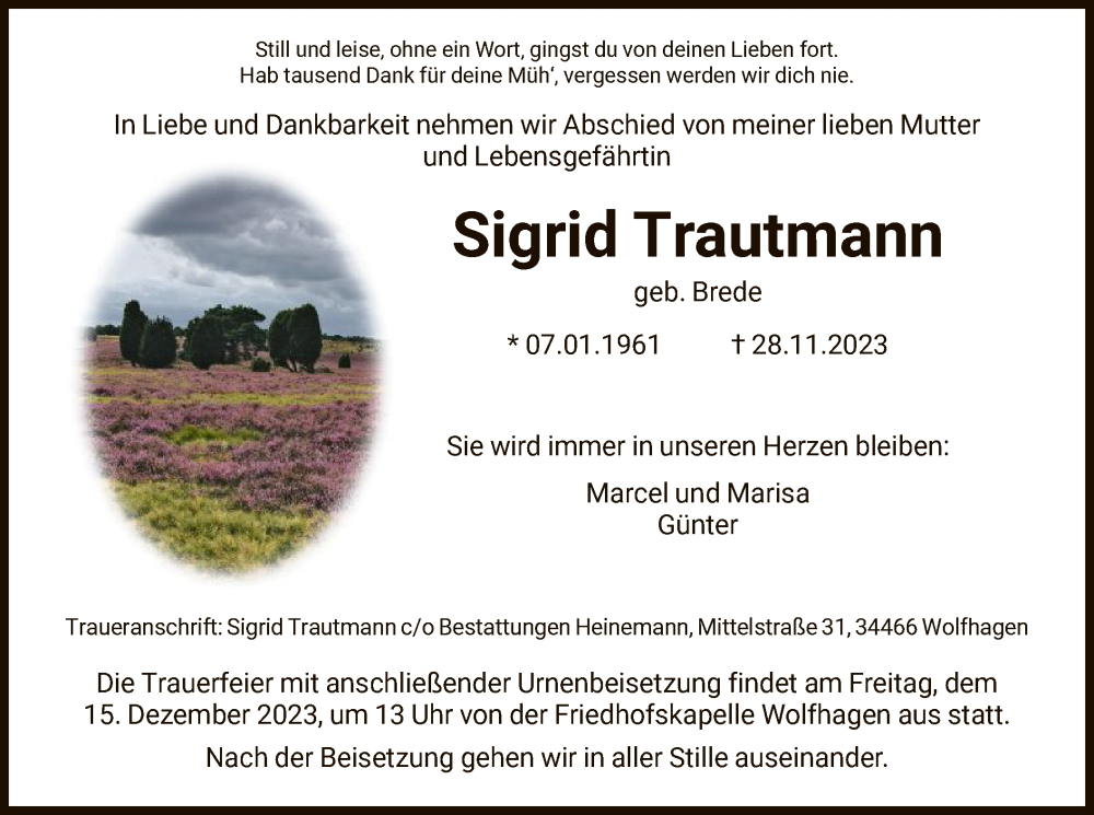  Traueranzeige für Sigrid Trautmann vom 09.12.2023 aus HNA