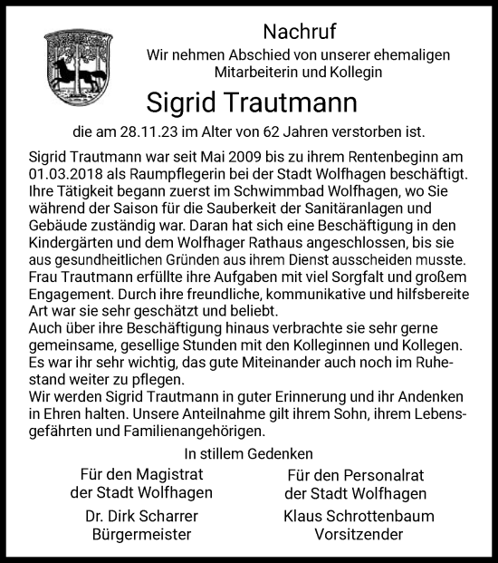 Traueranzeige von Sigrid Trautmann von HNA
