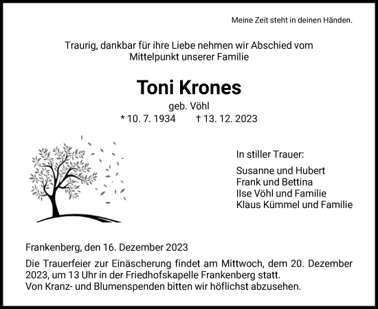 Traueranzeige von Toni Krones von HNA