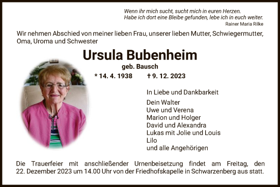 Traueranzeige von Ursula Bubenheim von HNA