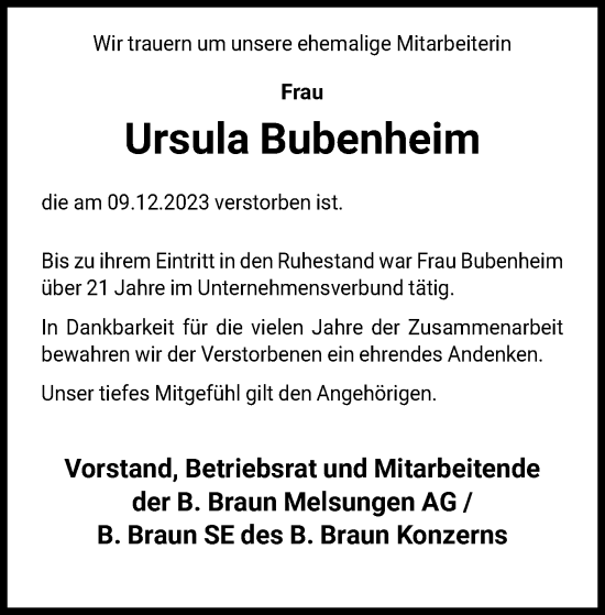 Traueranzeige von Ursula Bubenheim von HNA