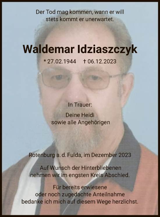 Traueranzeige von Waldemar ldziaszczyk von HNA