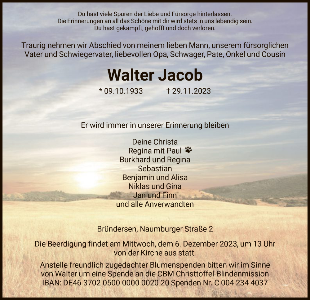  Traueranzeige für Walter Jacob vom 02.12.2023 aus HNA