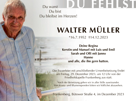 Traueranzeige von Walter Müller von HNA