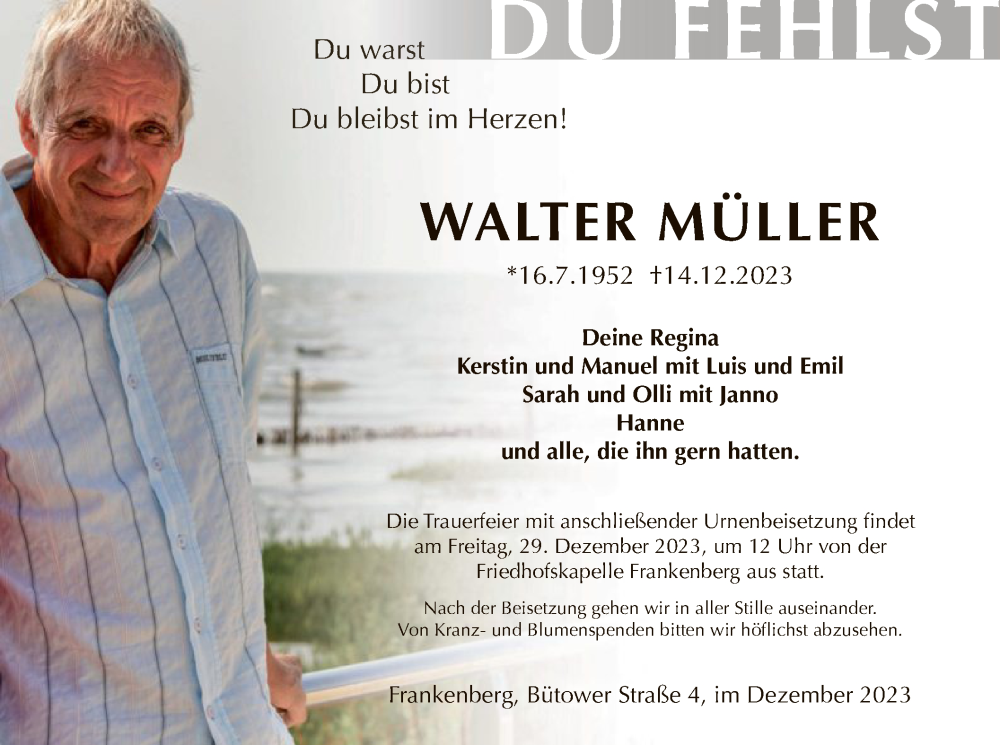  Traueranzeige für Walter Müller vom 23.12.2023 aus HNA