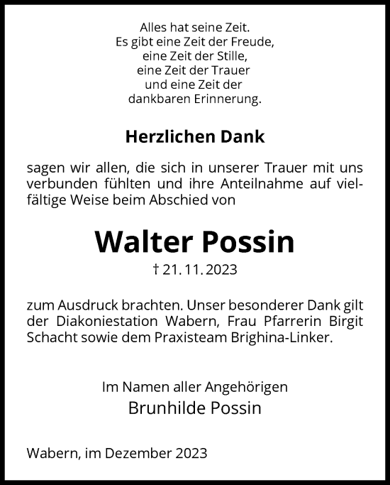 Traueranzeige von Walter Possin von HNA