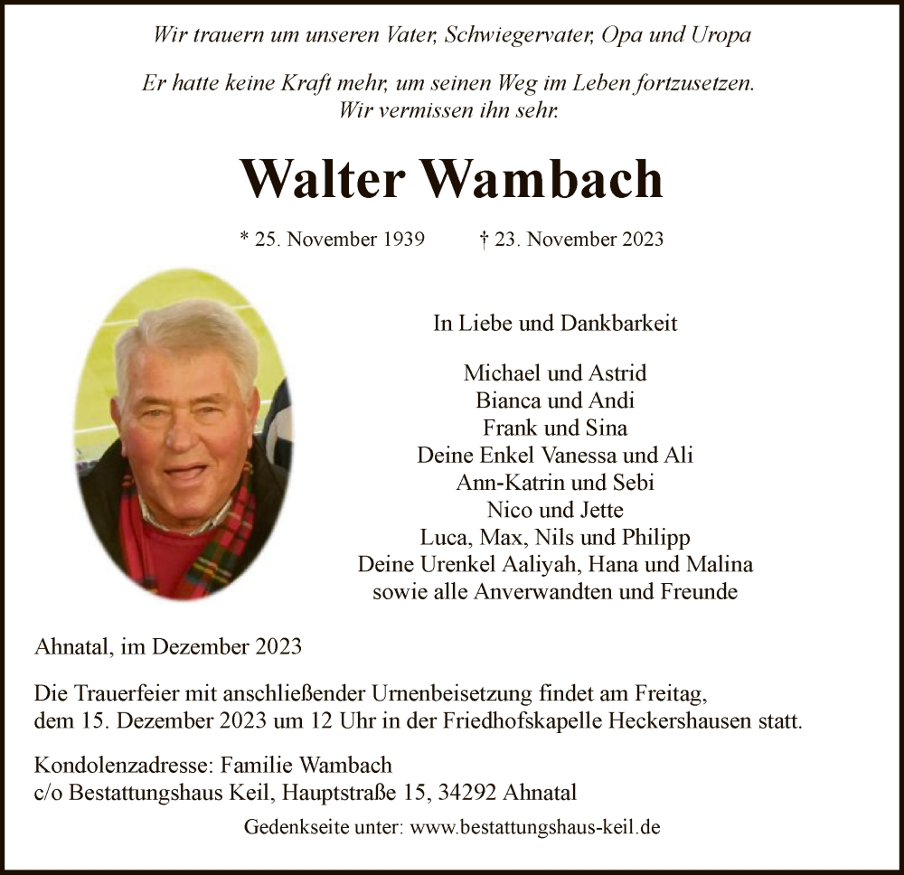  Traueranzeige für Walter Wambach vom 08.12.2023 aus HNA