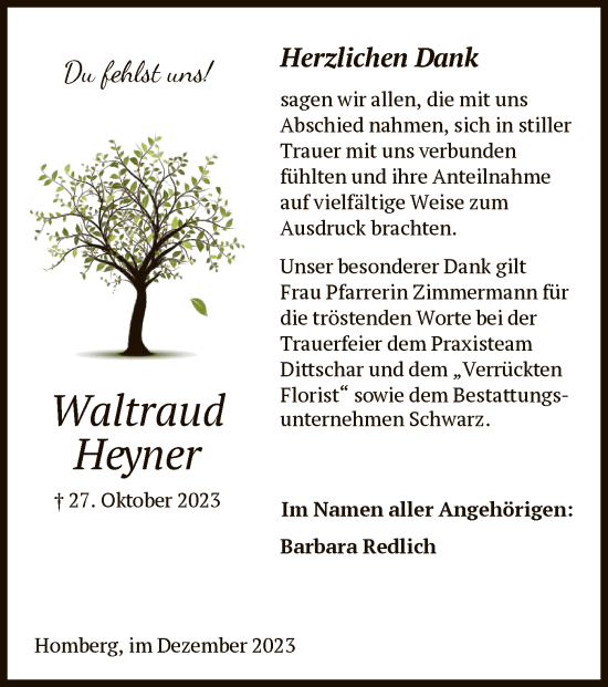 Traueranzeige von Waltraud Heyner von HNAHNA