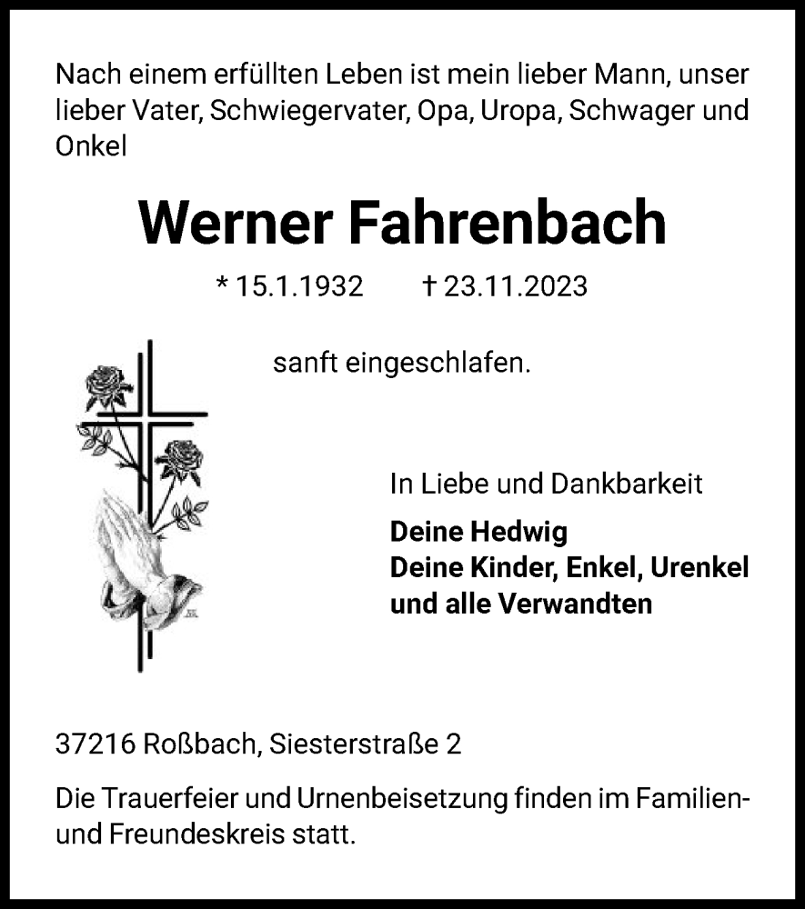  Traueranzeige für Werner Fahrenbach vom 02.12.2023 aus HNA