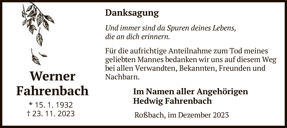  Traueranzeige für Werner Fahrenbach vom 23.12.2023 aus HNA