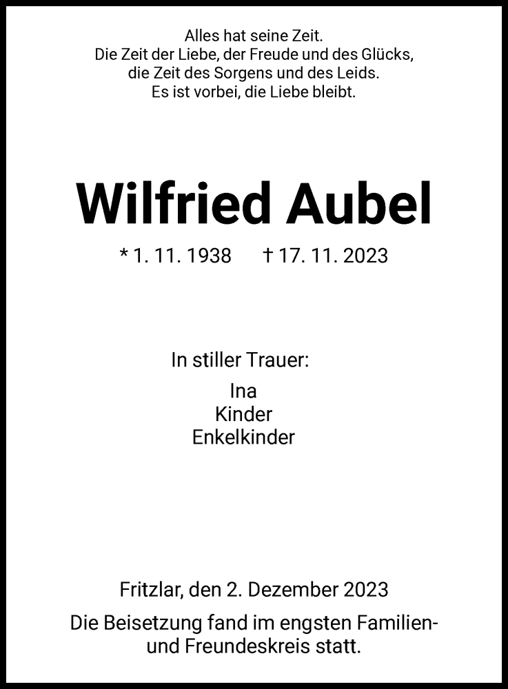 Traueranzeige für Wilfried Aubel vom 02.12.2023 aus HNA