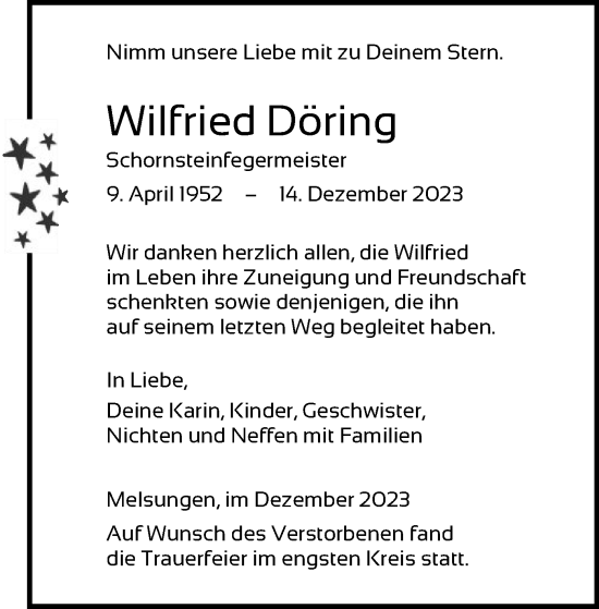 Traueranzeige von Wilfried Döring von HNAHZ