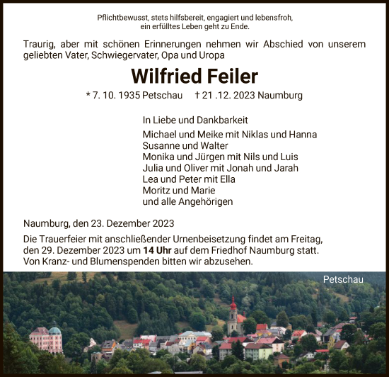 Traueranzeige von Wilfried Feiler von HNA