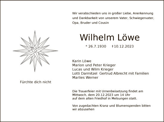 Traueranzeige von Wilhelm Löwe von HNA