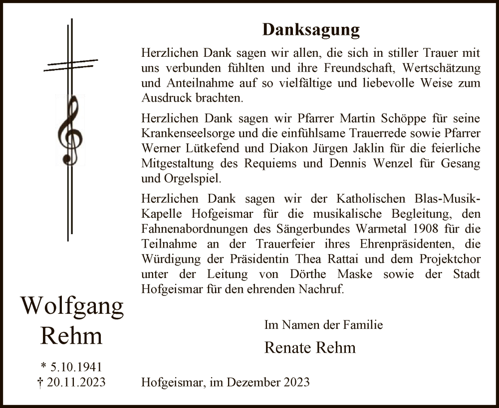  Traueranzeige für Wolfgang Rehm vom 23.12.2023 aus HNA