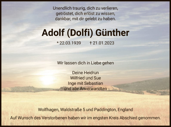 Traueranzeige von Adolf  Günther von HNA