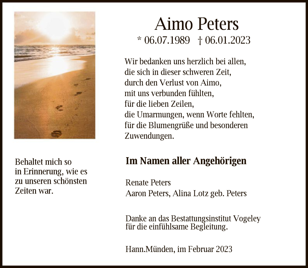  Traueranzeige für Aimo Peters vom 25.02.2023 aus HNA