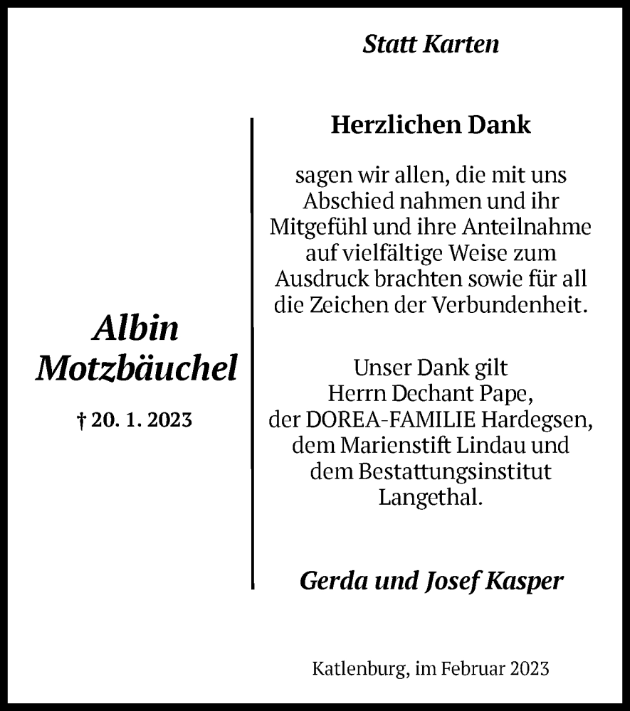  Traueranzeige für Albin Motzbäuchel vom 06.02.2023 aus HNA