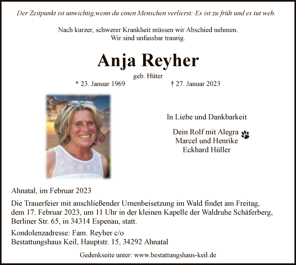  Traueranzeige für Anja Reyher vom 11.02.2023 aus HNA
