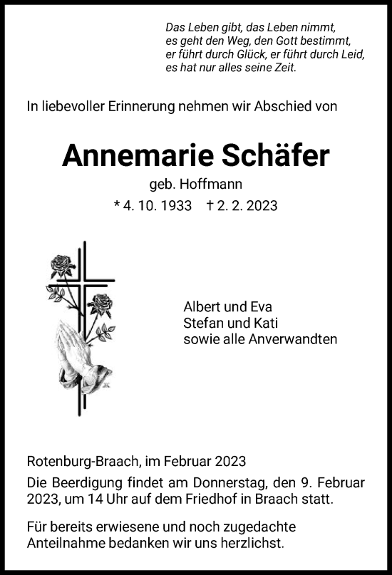 Traueranzeige von Annemarie Schäfer von HNA