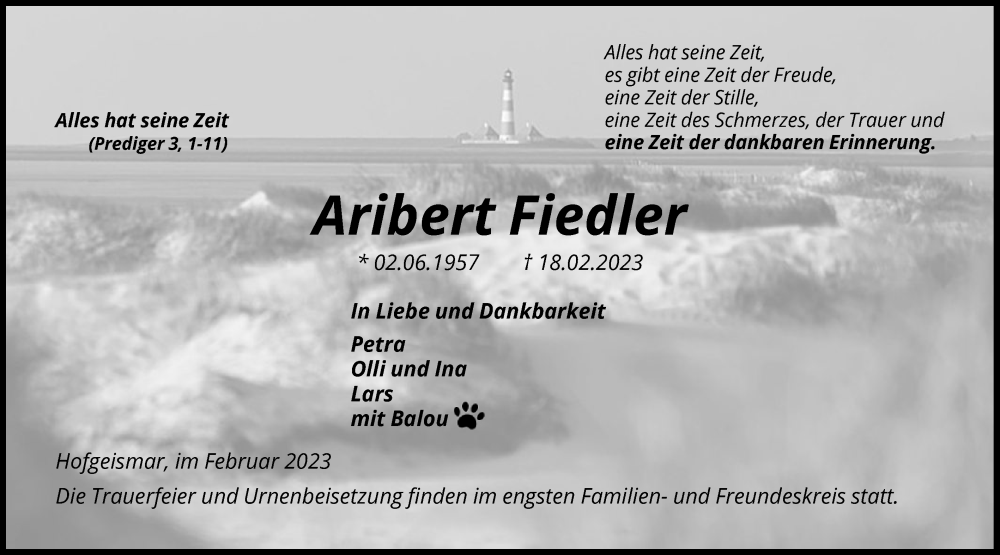  Traueranzeige für Aribert Fiedler vom 25.02.2023 aus HNA