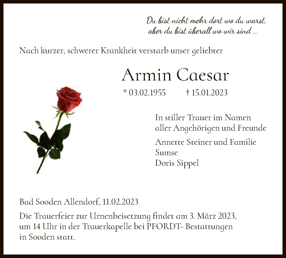  Traueranzeige für Armin Caesar vom 11.02.2023 aus HNA