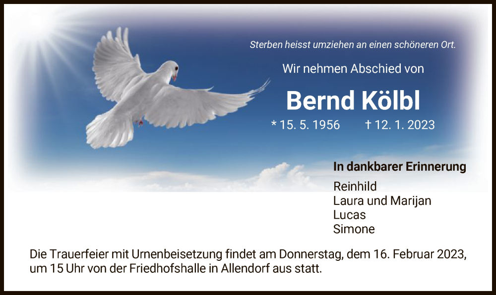  Traueranzeige für Bernd Kölbl vom 14.02.2023 aus HNA