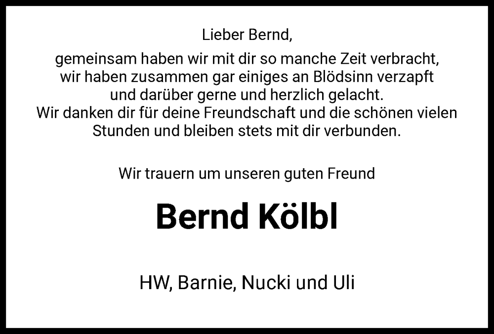  Traueranzeige für Bernd Kölbl vom 14.02.2023 aus HNA