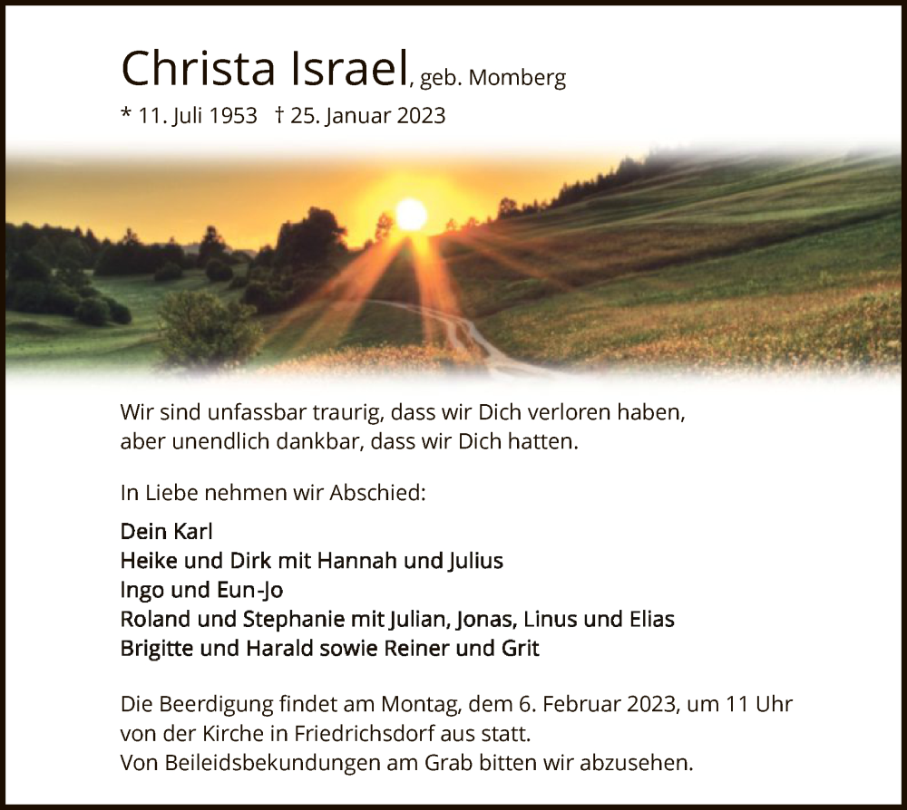  Traueranzeige für Christa Israel vom 02.02.2023 aus HNA