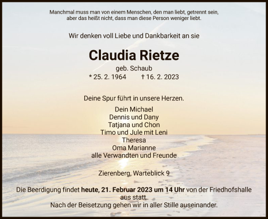 Traueranzeige von Claudia Rietze von HNA
