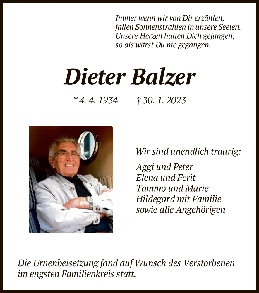 Traueranzeigen Von Dieter Balzer | Trauer.HNA.de