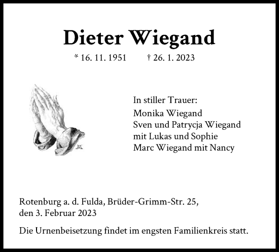Traueranzeige von Dieter Wiegand von HNA