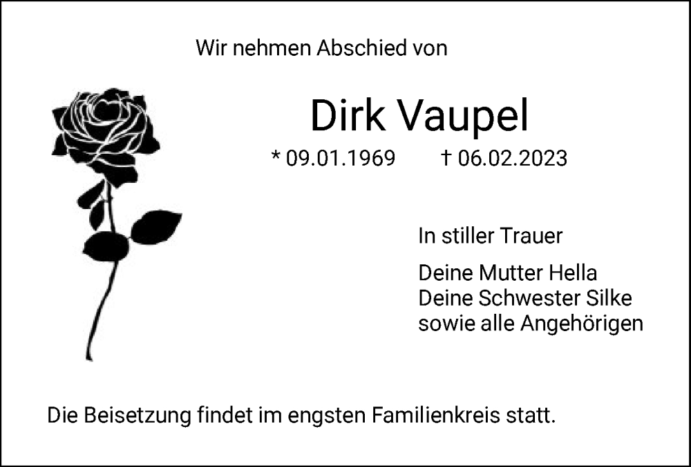  Traueranzeige für Dirk Vaupel vom 18.02.2023 aus HNA