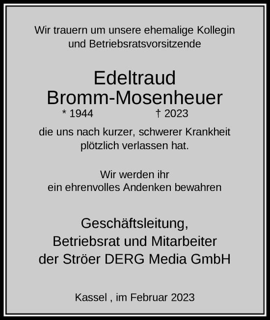 Traueranzeige von Edeltraud Bromm-Mosenheuer von HNA