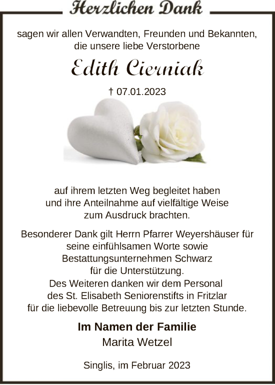 Traueranzeige von Edith Cierniak von HNA