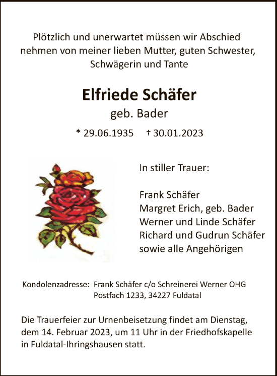 Traueranzeige von Elfriede Schäfer von HNA