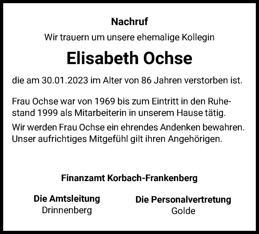  Traueranzeige für Elisabeth Ochse vom 17.02.2023 aus HNA