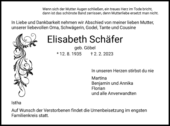 Todesanzeige von Elisabeth Schäfer von HNA