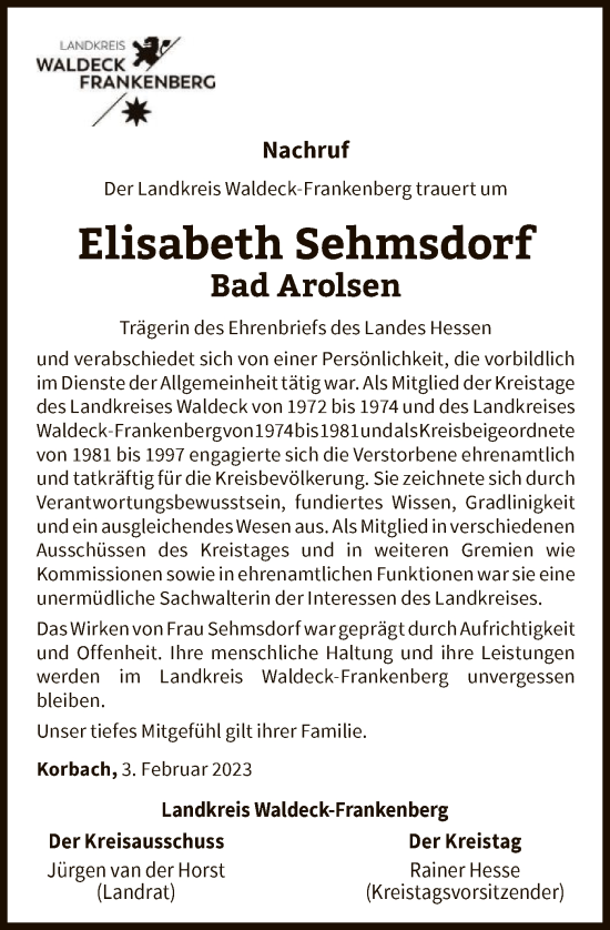 Traueranzeige von Elisabeth Sehmsdorf von WLZ