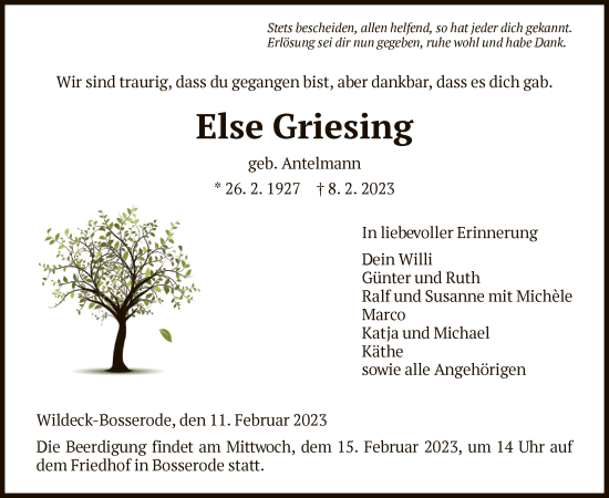 Traueranzeige von Else Griesing von HNA