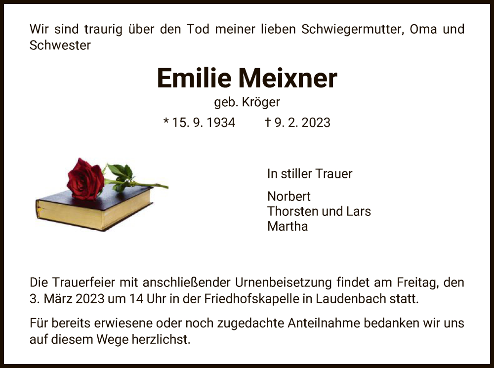  Traueranzeige für Emilie Meixner vom 25.02.2023 aus HNA