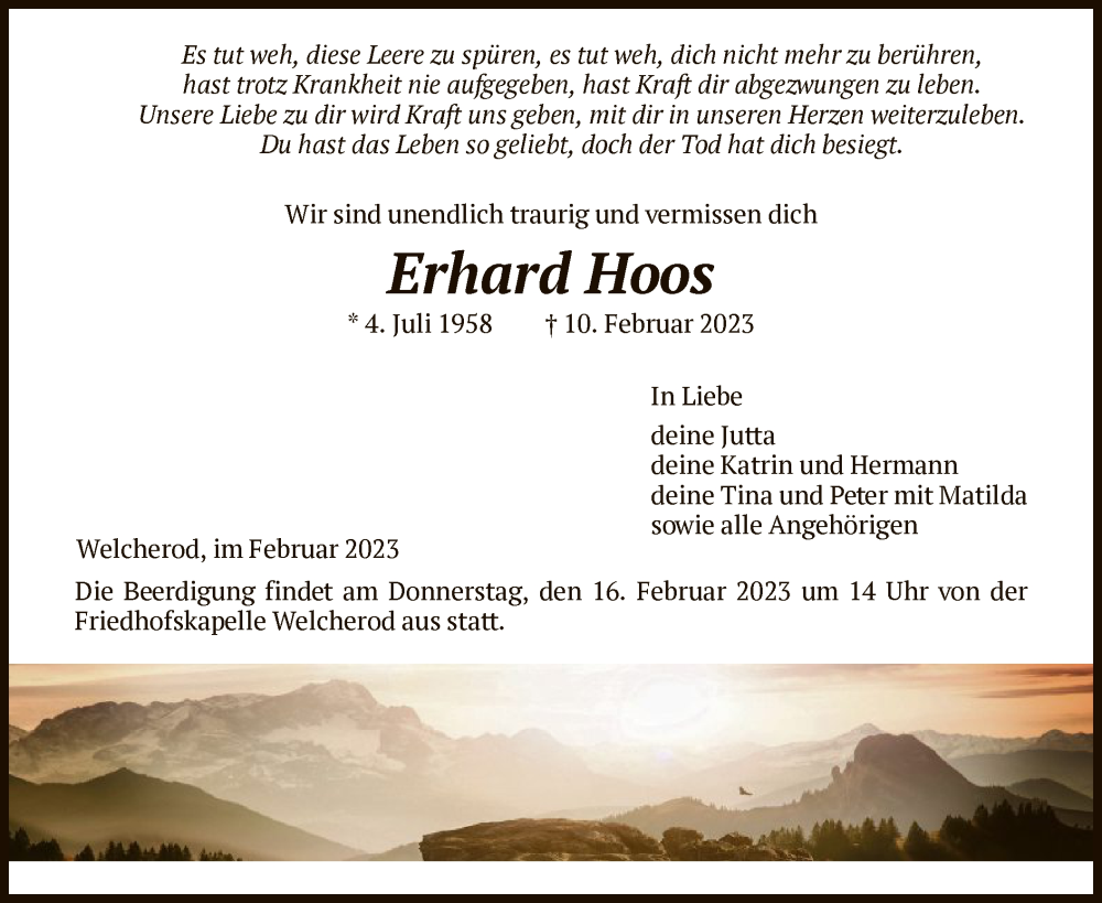  Traueranzeige für Erhard Hoos vom 14.02.2023 aus HNA